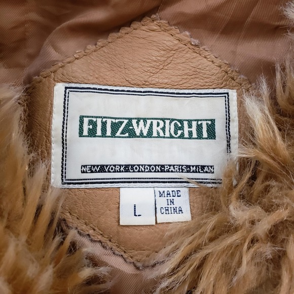 VINTAGE Fitzwright Jacket Womens Large Tan Leather Hooded Faux Fur Parka Coat - Picture 6 of 14